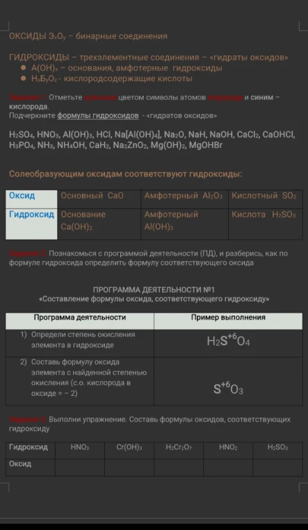 Отметьте красным цветом символы атомов водорода и синим — кислорода. Подчеркните формулы гидроксидов - «гидратов оксидов»
