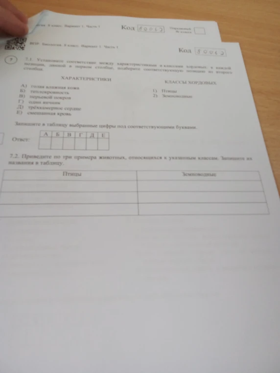 7.1. Установите соответствие между характеристиками и классами хордовых, в каждой позиции, данной в первом столбце, подберите соответствующую позицию из второго столбца.