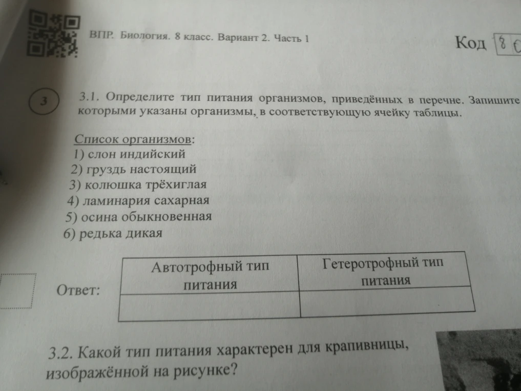 3.1. Определите тип питания организмов, приведённых в перечне. Запишите цифры, которыми указаны организмы, в соответствующую ячейку таблицы.