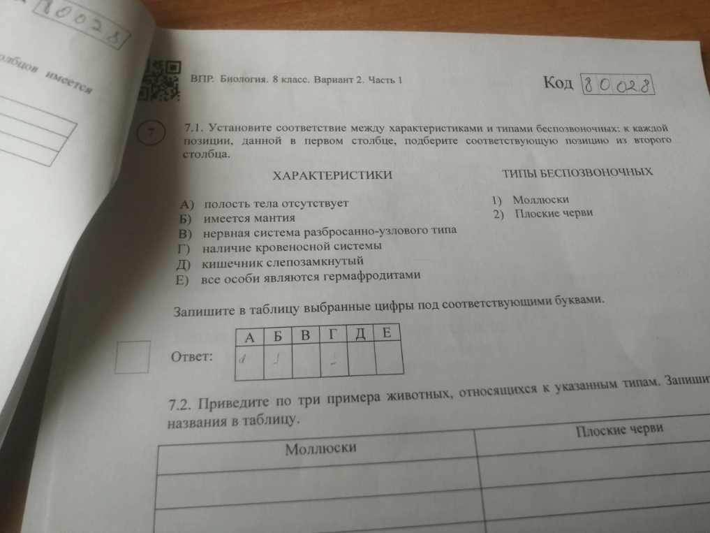 7.1. Установите соответствие между характеристиками и типами беспозвоночных: к каждой позиции, данной в первом столбце, подберите соответствующую позицию из второго столбца.