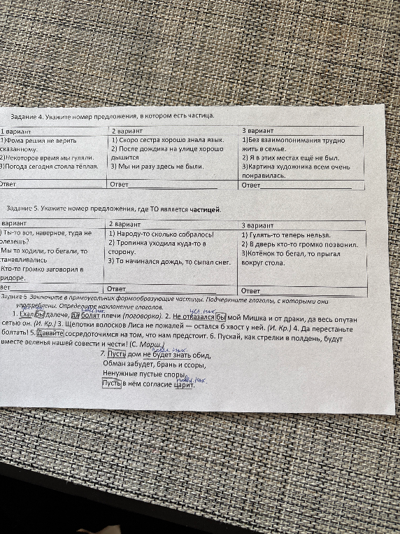 Задание 4. Укажите номер предложения, в котором есть частица.