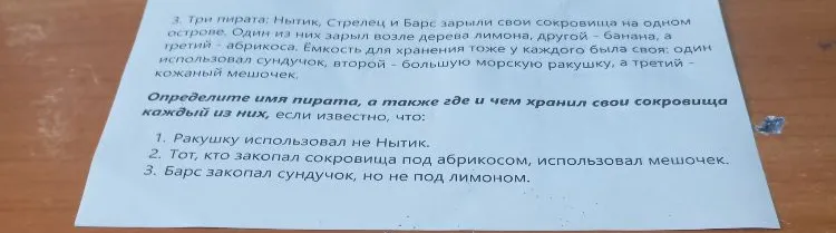 Три пирата: Нытик, Стрелец и Барс зарыли свои сокровища на одном острове. Определите имя пирата, а также где и чем хранил свои сокровища каждый из них.