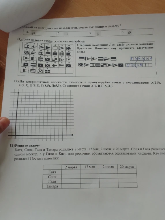 11) Дана кодовая таблица флажковой азбуки: Старший помощник Лом сдаёт экзамен капитану Врунгелю. Помогите ему прочитать следующие слова