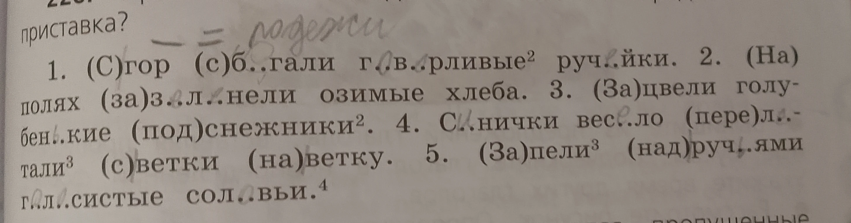 (С)гор (с)б..гали г..в..рливые руч..йки. (На)полях (за)з..л..нели озимые хлеба. (За)цвели голу-бен..кие (под)снежники. С..нички вес..ло (пере)л..тали (с)ветки (на)ветку. (За)пели (над)руч..ями г..л..систые сол..вьи.