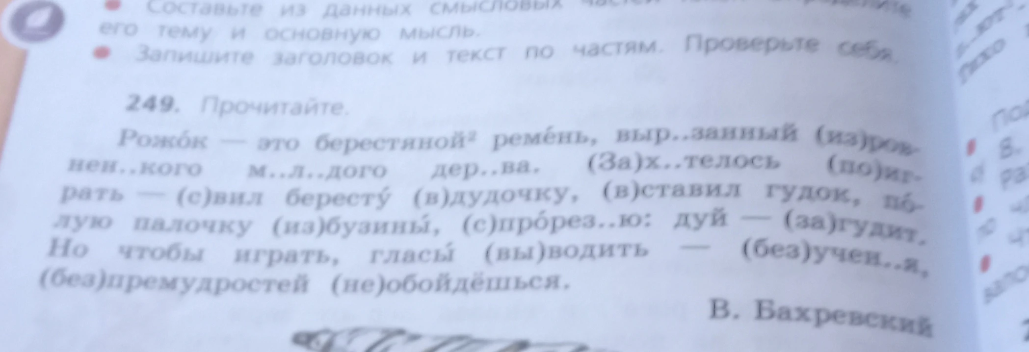249. Прочитайте. Рожок — это берестяной ремень, вырезанный из ровненького молодого дерева.
