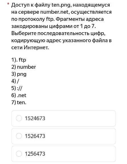Доступ к файлу ten.png, находящемуся на сервере number.net, осуществляется по протоколу ftp. Фрагменты адреса закодированы цифрами от 1 до 7. Выберите последовательность цифр, кодирующую адрес указанного файла в сети Интернет.