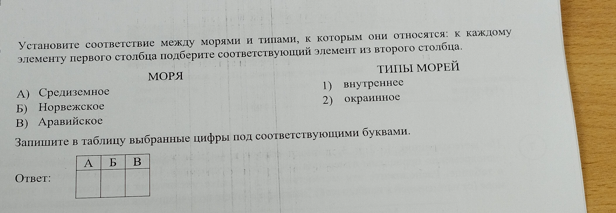 Установите соответствие между морями и типами, к которым они относятся: к каждому элементу первого столбца подберите соответствующий элемент из второго столбца.
