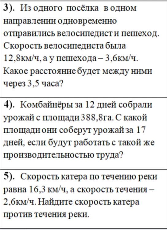 3). Из одного посёлка в одном направлении одновременно отправились велосипедист и пешеход. Скорость велосипедиста была 12,8км/ч, а у пешехода – 3,6км/ч. Какое расстояние будет между ними через 3,5 часа?