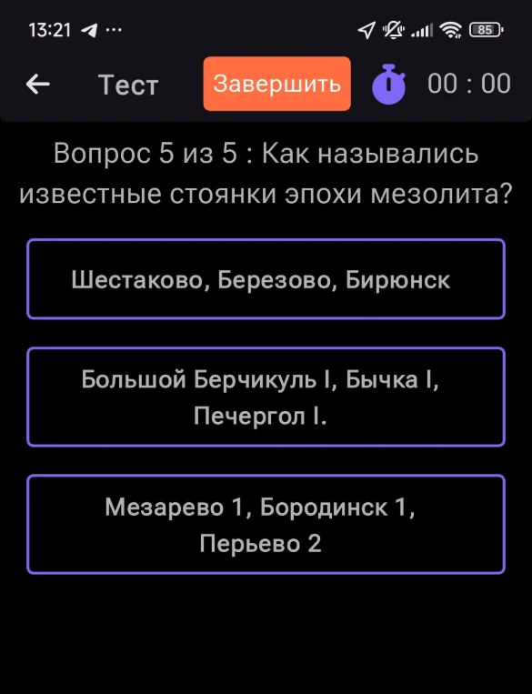 Вопрос 5 из 5 : Как назывались известные стоянки эпохи мезолита?