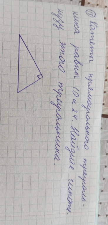 15. Катеты прямоугольного треугольника равны 10 и 24. Найдите гипотенузу этого треугольника.