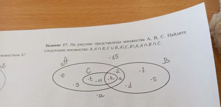 Задание 17. На рисунке представлены множества A, B, C. Найдите следующие множества: A, A ∩ B, C ∪ B, A \ C, B \ A, A ∩ B ∩ C.