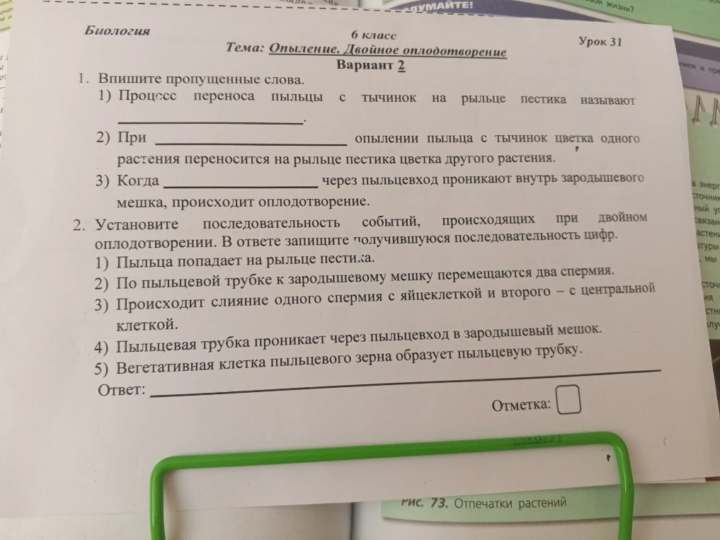 1. Впишите пропущенные слова. 1) Процесс переноса пыльцы с тычинок на рыльце пестика называют ______________.