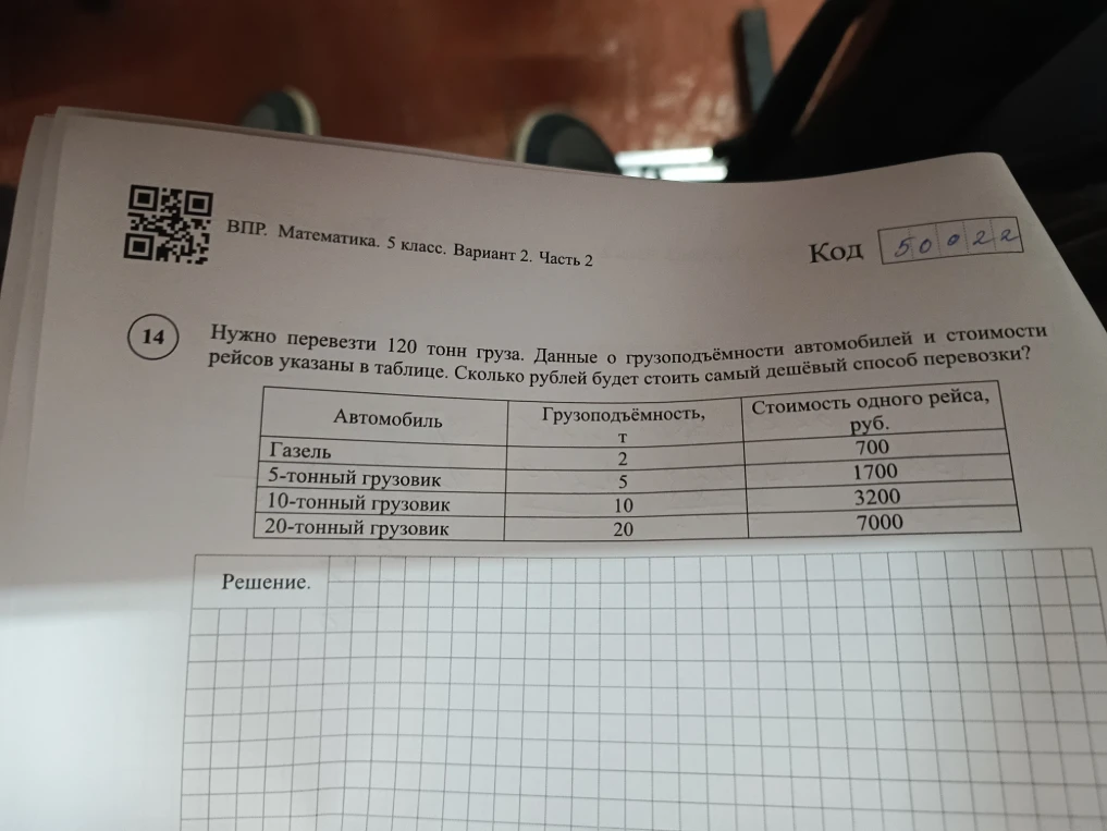 Нужно перевезти 120 тонн груза. Данные о грузоподъёмности автомобилей и стоимости рейсов указаны в таблице. Сколько рублей будет стоить самый дешёвый способ перевозки?