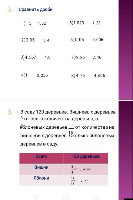 Сравнить дроби. В саду 120 деревьев. Вишневых деревьев 3/4 от всего количества деревьев, а яблоневых деревьев 11/15 от количества не вишневых деревьев. Сколько яблоневых деревьев в саду.