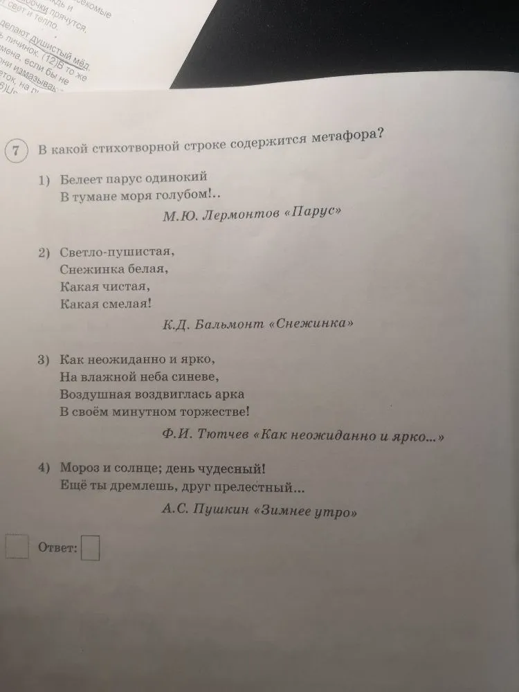 В какой стихотворной строке содержится метафора?