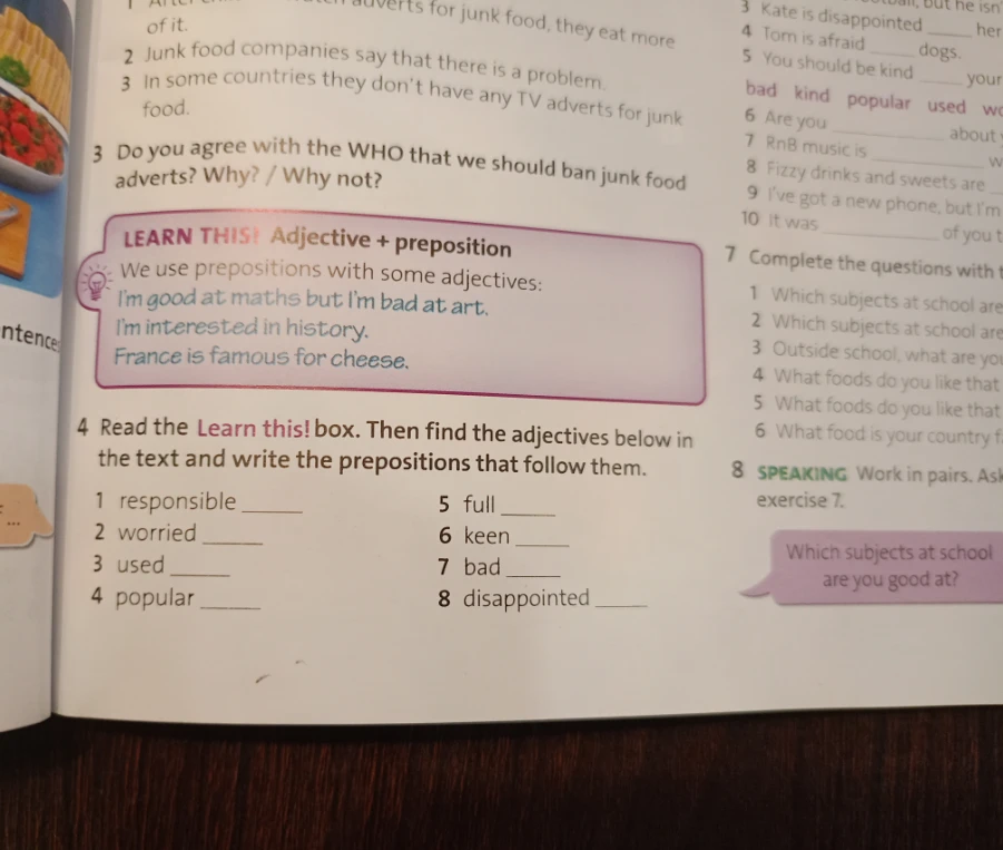Read the Learn this! box. Then find the adjectives below in the text and write the prepositions that follow them.
