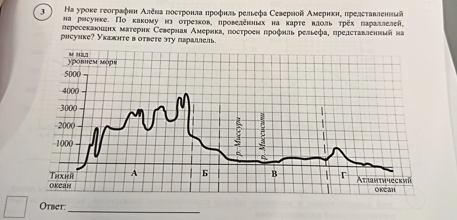 На уроке географии Алёна построила профиль рельефа Северной Америки, представленный на рисунке. По какому из отрезков, проведённых на карте вдоль трёх параллелей, пересекающих материк Северная Америка, построен профиль рельефа, представленный на рисунке? Укажите в ответе эту параллель.