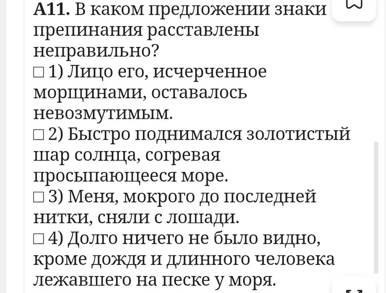 А11. В каком предложении знаки препинания расставлены неправильно?