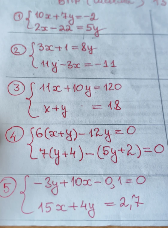 1) { 10x + 7y = -2; 2x - 22 = 5y }