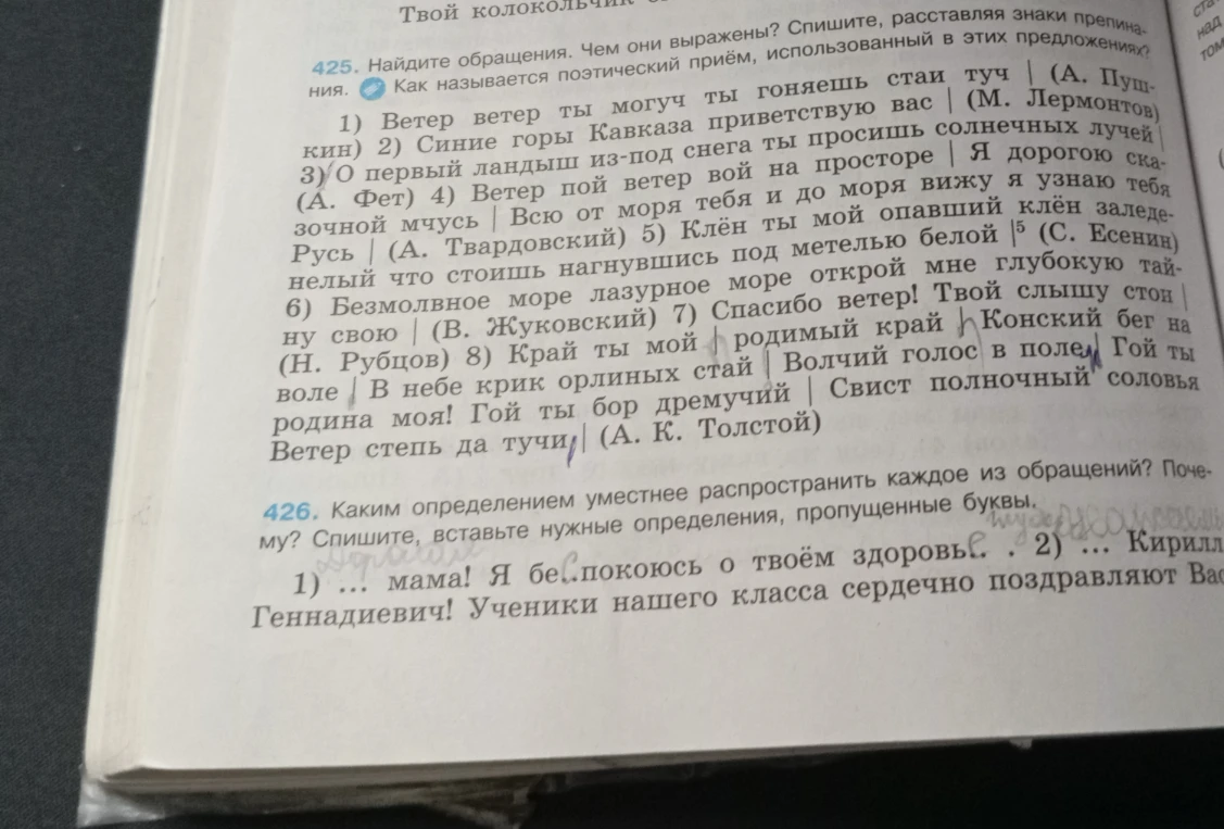 425. Найдите обращения. Чем они выражены? Спишите, расставляя знаки препинания. Как называется поэтический приём, использованный в этих предложениях?