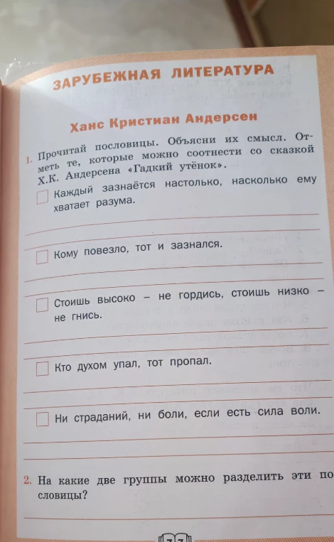 Прочитай пословицы. Объясни их смысл. Отметь те, которые можно соотнести со сказкой Х.К. Андерсена «Гадкий утёнок».