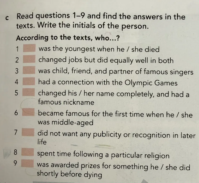 Read questions 1–9 and find the answers in the texts. Write the initials of the person.