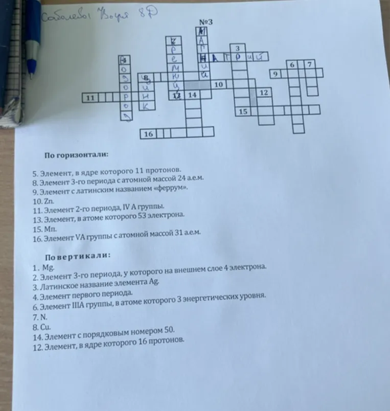По горизонтали: 5. Элемент, в ядре которого 11 протонов.