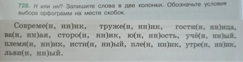 728. Н или нн? Запишите слова в две колонки. Обозначьте условия выбора орфограмм на месте скобок.