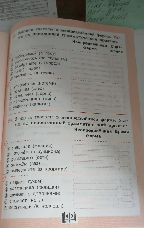 Запиши глаголы в неопределённой форме. Укажи их постоянный грамматический признак.
