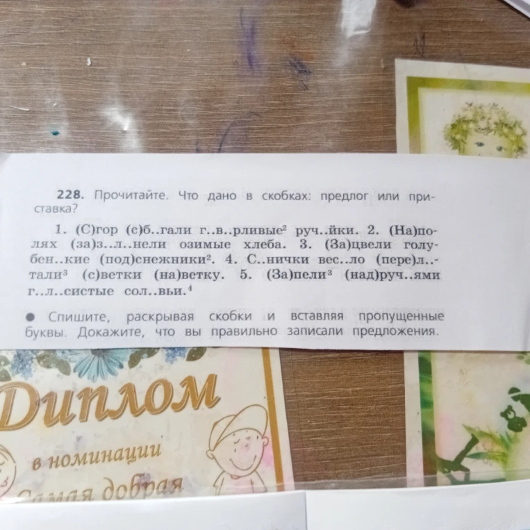 228. Прочитайте. Что дано в скобках: предлог или приставка? 1. (С)гор (с)б..гали г..в..рливые руч..йки.