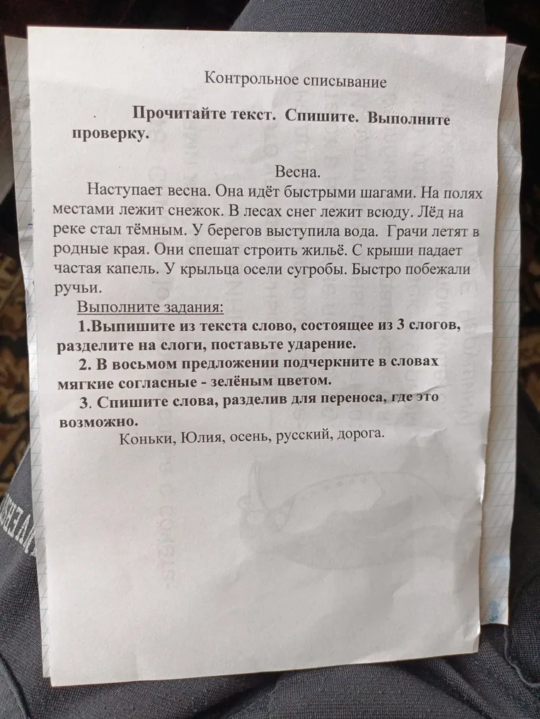 Выпишите из текста слово, состоящее из 3 слогов, разделите на слоги, поставьте ударение.