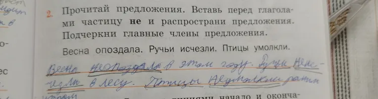 Прочитай предложения. Вставь перед глаголами частицу не и распространи предложения. Подчеркни главные члены предложения.