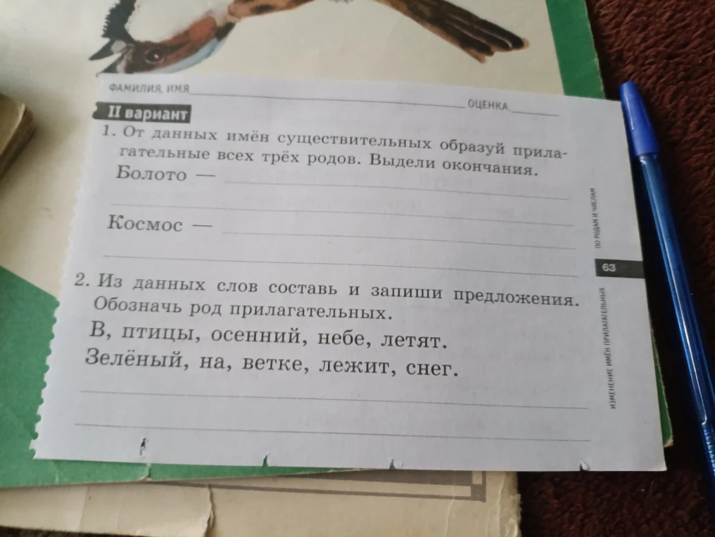От данных имён существительных образуй прилагательные всех трёх родов. Выдели окончания.
