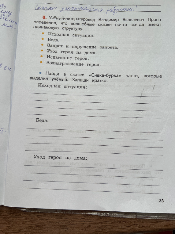 Найди в сказке «Сивка-бурка» части, которые выделил учёный. Запиши кратко.