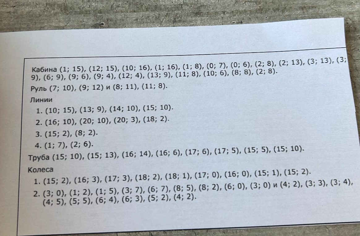 Кабина (1; 15), (12; 15), (10; 16), (1; 16), (1; 8), (0; 7), (0; 6), (2; 8), (2; 13), (3; 13), (3; 9), (6; 9), (9; 6), (9; 4), (12; 4), (13; 9), (11; 8), (10; 6), (8; 8), (2; 8).