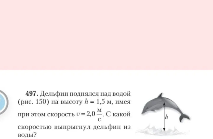 497. Дельфин поднялся над водой (рис. 150) на высоту h = 1,5 м, имея при этом скорость v = 2,0 м/с. С какой скоростью выпрыгнул дельфин из воды?