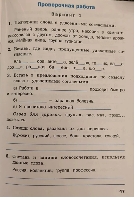 Проверочная работа: Подчеркни слова с удвоенными согласными.