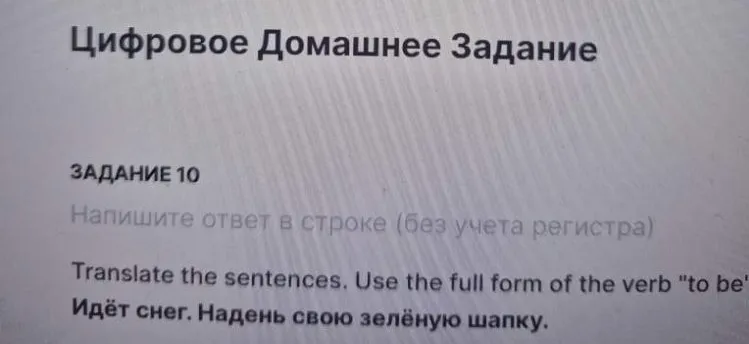 Translate the sentences. Use the full form of the verb "to be". Идёт снег. Надень свою зелёную шапку.