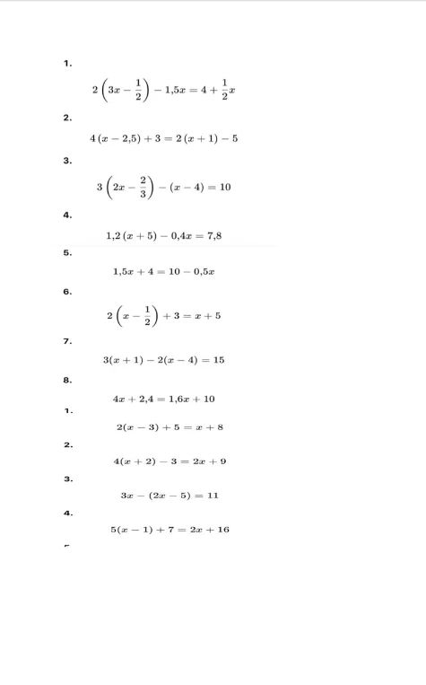 1. 2(x - 1/2) - 1,5x = 4 + 1/2x