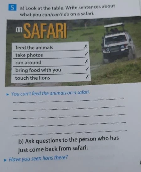 5 a) Look at the table. Write sentences about what you can/can't do on a safari.