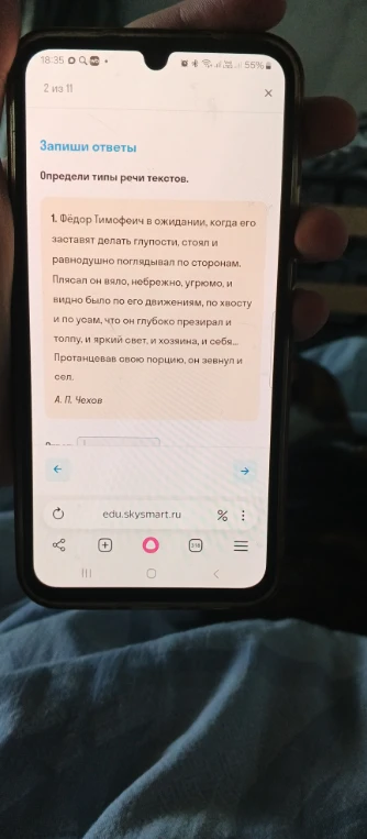 Определи типы речи текстов. 1. Фёдор Тимофеич в ожидании, когда его заставят делать глупости, стоял и равнодушно поглядывал по сторонам.