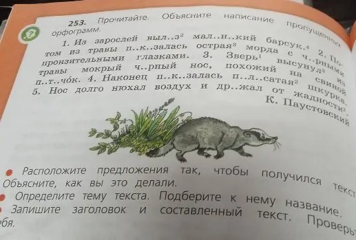 253. Прочитайте. Объясните написание пропущенных орфограмм. Расположите предложения так, чтобы получился текст. Объясните, как вы это делали. Определите тему текста. Подберите к нему название. Запишите заголовок и составленный текст.