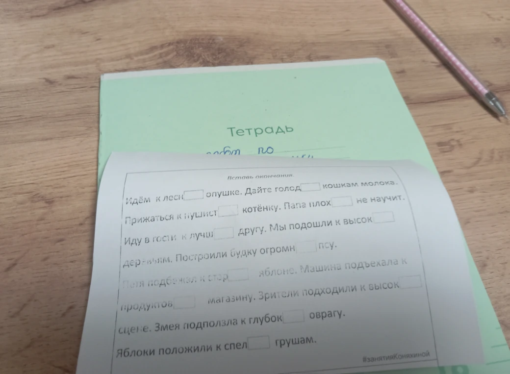 Вставь окончания. Идём к лесн... опушке. Дайте голод... кошкам молока.