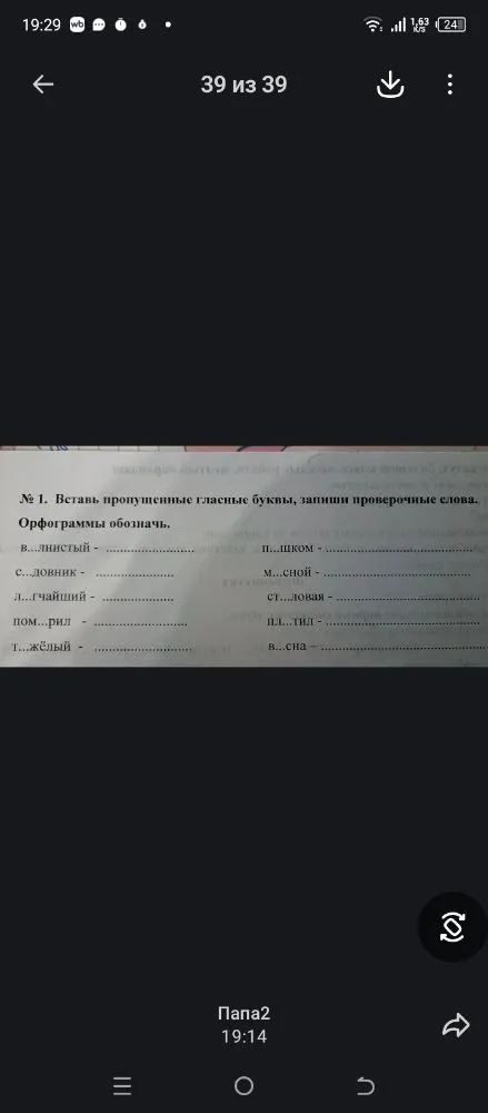 № 1. Вставь пропущенные гласные буквы, запиши проверочные слова. Орфограммы обозначь.