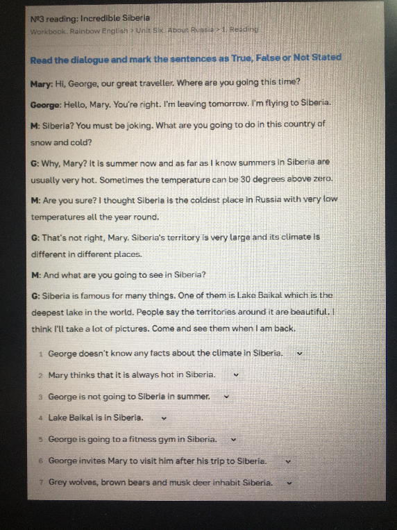 Read the dialogue and mark the sentences as True, False or Not Stated
