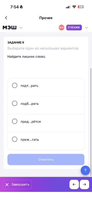 ЗАДАНИЕ 9 Выберите один из нескольких вариантов Найдите лишнее слово.