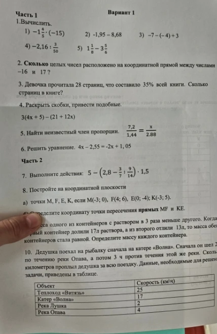 1. Вычислить. 1) -1 4/5 * (-15) 2) -1,95 - 8,68 3) -7 - (-4) + 3 4) -2,16 : 3/50 5) 1 1/8 - 3 5/6