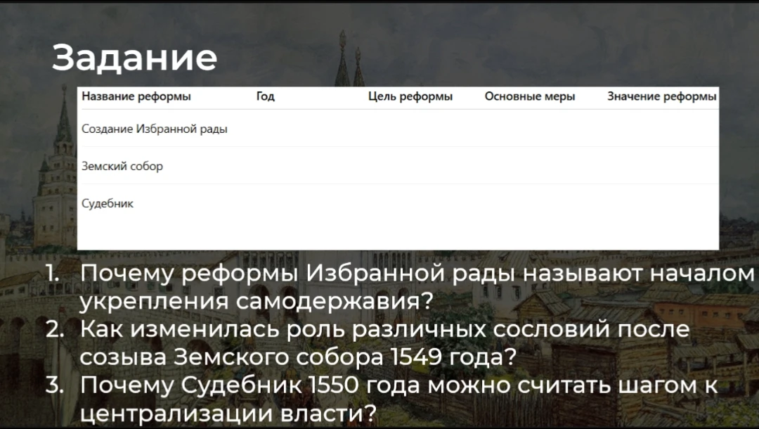 Заполнение таблицы по реформам Избранной рады и ответы на три вопроса по истории России.