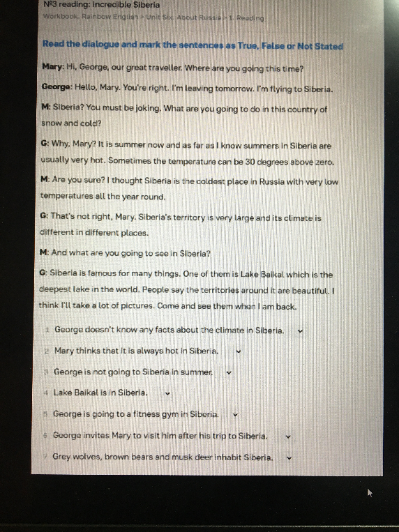 Read the dialogue and mark the sentences as True, False or Not Stated