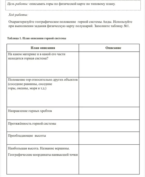 Охарактеризуйте географическое положение горной системы Анды. Используйте при выполнении задания физическую карту полушарий. Заполните таблицу №1.